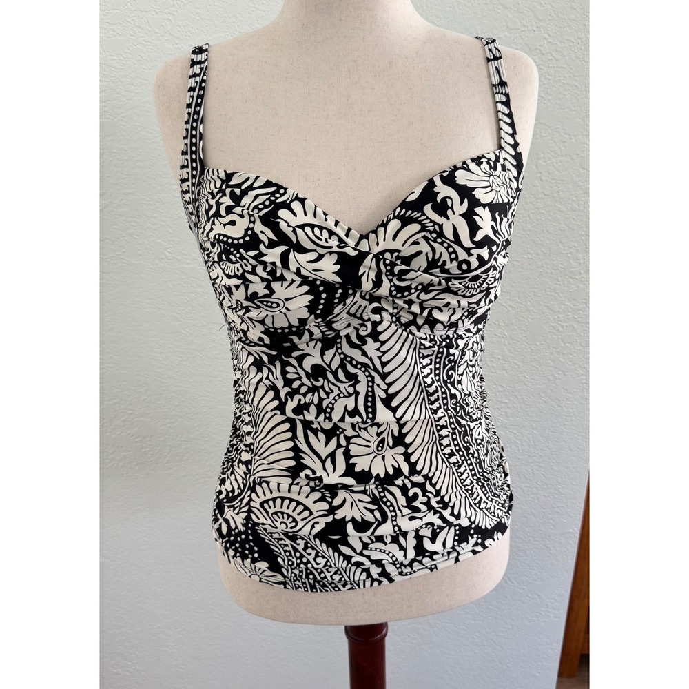 La Blanca Island Goddess Ruched Black & White Tankini Top Women's Size 14 Beach